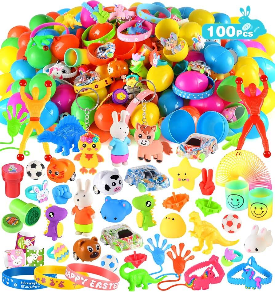 100Pack Prefilled Easter Eggs with Toys Inside Plus Easter Baskets for Kids, Easter Toys Party Favors for Kids Boys Girls, Easter Egg Fillers, Easter Basket Stuffers, Easter Eggs Hunt Classroom Prize