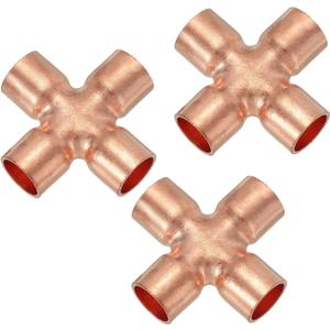 PATIKIL 1/2"(12.7mm) Copper Cross Pipe Fitting, 3 Pcs 4 Way Welding Copper End Feed Equal Pipe Connector for Plumbing Air Conditioning Refrigeration