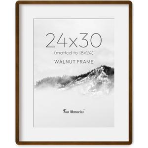 Fun Memories 24x30 Poster Frame with Mat for 18x24 - Solid Walnut Wood Photo Frame, Tabletop and Wall Display, Vertical or Horizontal Display, 24 By 30 Wood Frame with Rounded Corners, Natural Walnut
