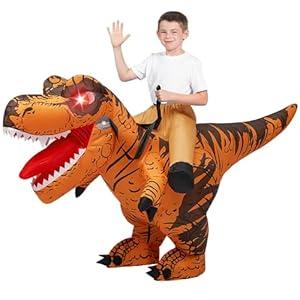 Spooktacular Creations Kids Inflatable Costumes, Riding a Light-Up Eyes T-rex Inflatable Costume, Brown Rawr Blow Up Dinosaur Costumes for Halloween Costume Cosplay Themed Parties