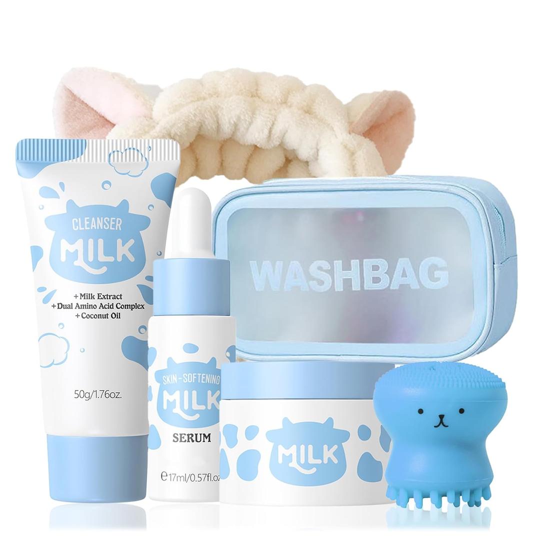 Milk Skincare Set - Skincare For Girls 10-12 - Skin Care For Kids With Milk Cleanser,Serum,Cream,Face Brush,Headband,Washbag, Kids Face Wash Set Girls Skin Care For Kids Age 8-12 Gentle All Skin Types