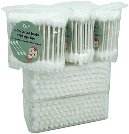 400pcs CGR Baby Safety Cotton Swabs with Large Tips for Newborn, Babies, Kids, Children, 100% Organic Cotton, White Paper Sticks, 5 Pack of 80 Swabs Total (2 Boxes and 3 Bags)