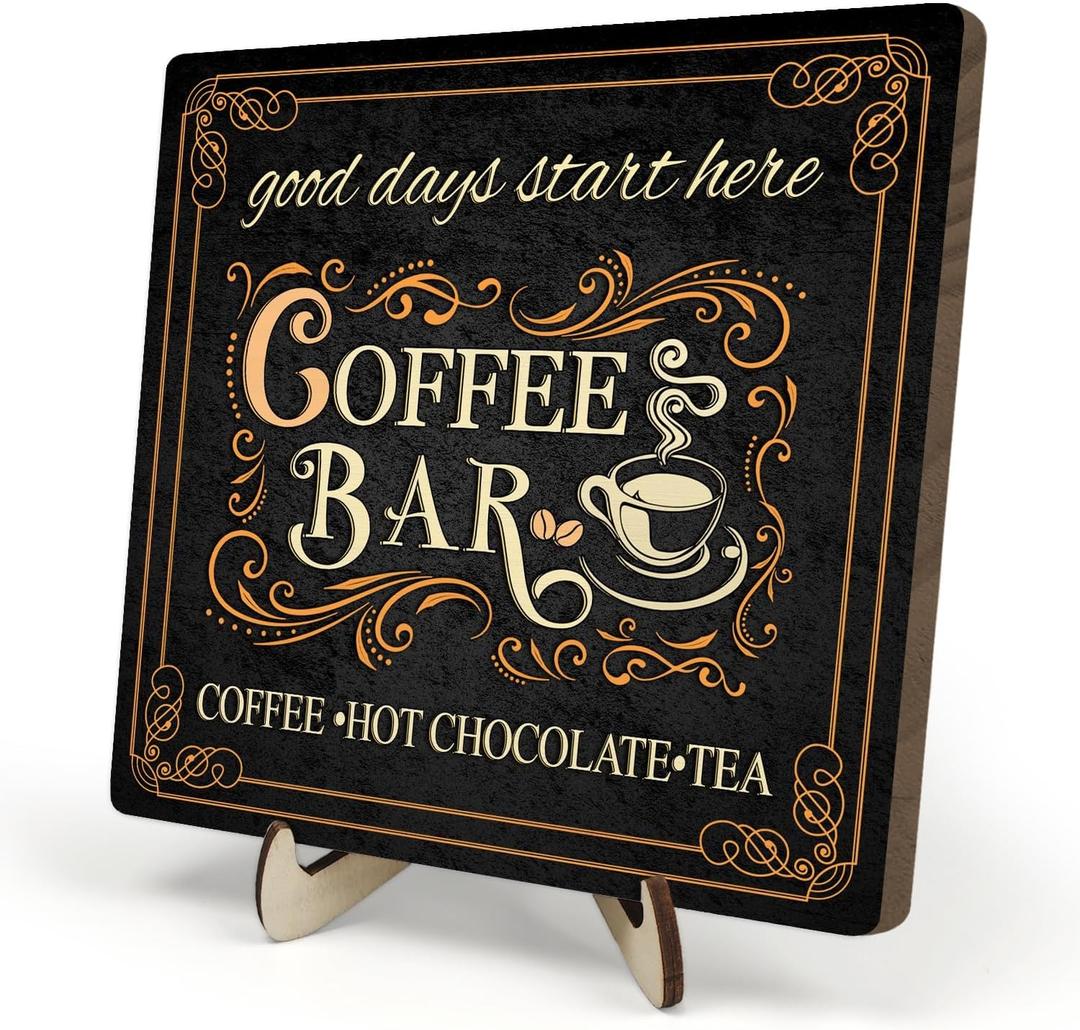 Vintage Coffee Bar Decor Sign,Rustic Wooden Plaque for Java Station, Kitchen,Cafe or Tea Corner, Funny Jave Gift for Coffee Lovers (Black, 5.9x5.9inches)