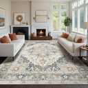 Kokia Washable Area Rugs 9x12 Living Room Boho Non Slip Thin Carpet Stain Resistant Vintage Linen Printed Oriental Foldable Distressed Rug for Bedroom Indoor House (9'x12'-No pile tight, Linen/Gray/Onyx/Chestnut)