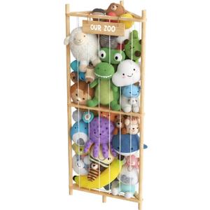 Triangle Stuffed Animal Storage, Wood Corner Toy Organizer Kids Room | Solid pine frame with breathable net, anti-tip base, DIY paint-ready top. Corner floor unit for bedroom, playroom, nursery