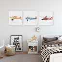 Set of 3 Airplane Nursery Transportation Framed Wall Art Aviation Decor Watercolor Vintage Plane Aircraft Canvas Paintings Prints Posters for Home Kids Toddler Boys Bedroom, 12x12 Inch