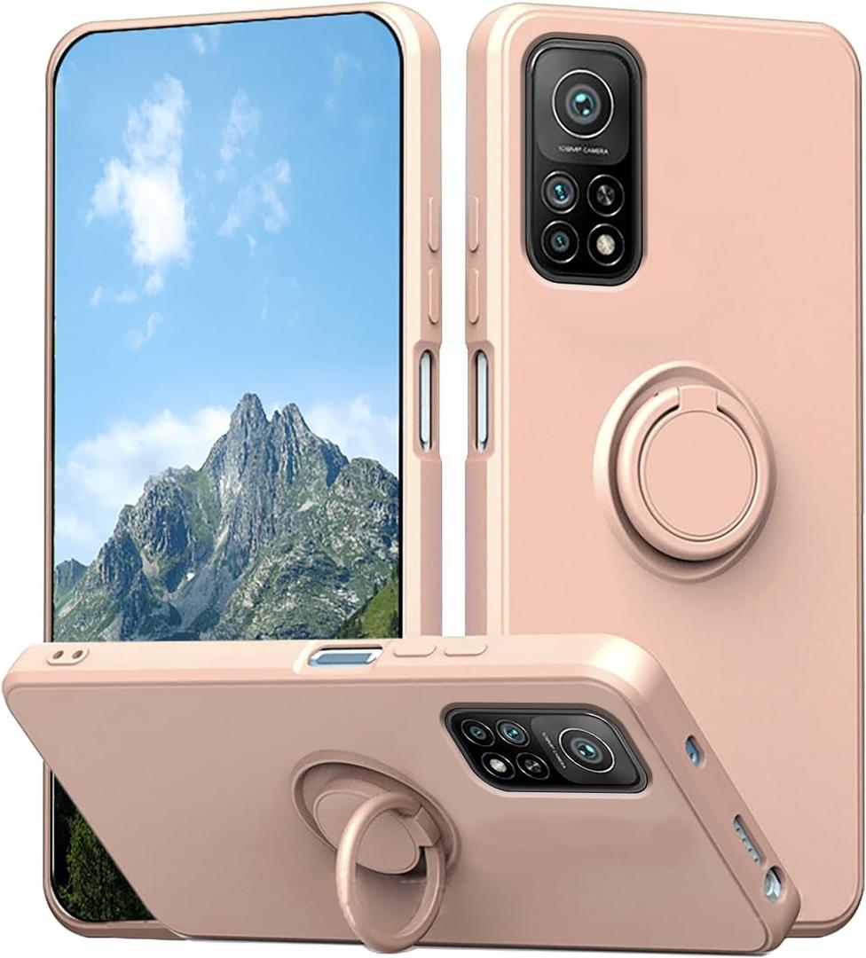 Compatible with Xiaomi Mi 10T Pro Case with Ring Kickstand Green,for Xiaomi Mi 10T Pro Phone Case Silicone Liquid with Soft Microfiber Lining Slim Shockproof Protective Cover (Pink)