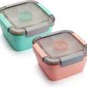 Freshmage Salad Lunch Containers To Go, 2 Pack 52-oz Bowls with 3 Compartments, Dressing Containers for Toppings, Snacks - Pink & Green