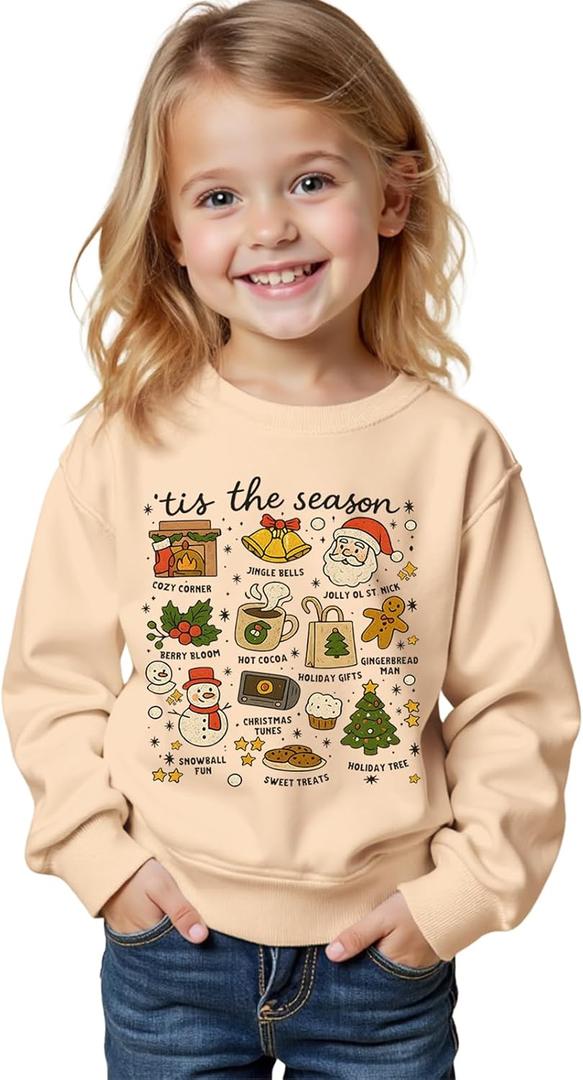 Toddler Retro Christmas Sweatshirt Baby Girl Boy Santa Claus Shirts Doodle Graphic Pullover Xmas Holiday Top Clothes (18-24 Months, Apricot)