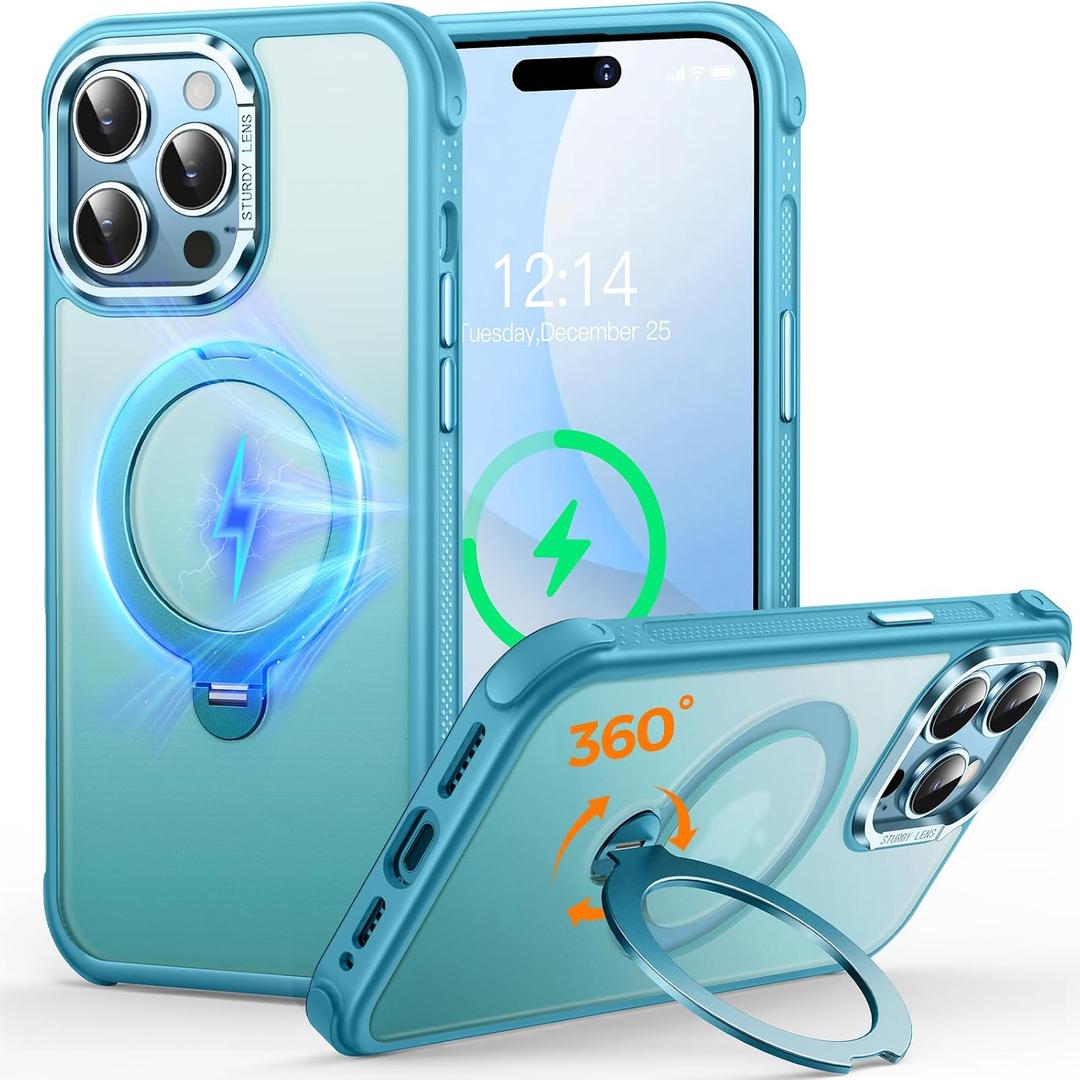 O3 Mag-Stand Designed for iPhone 14 Pro Max Case with 360 Spin Stand, [Compatible with mag Safe][Super Skin Feeling] Translucent Matte Magnetic Slim Phone Case 6.7 inch, Matte Lake Blue