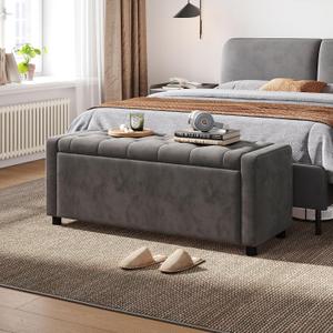 LINSY 49" Velvet Ottoman with Storage, Upholstered End of Bed Storage Bench, Large Ottoman Foot Rest for Living Room, Bedroom, Entryway, Hallway, Apartment, Dark Grey, 49.6"W * 17.6" D * 19"H