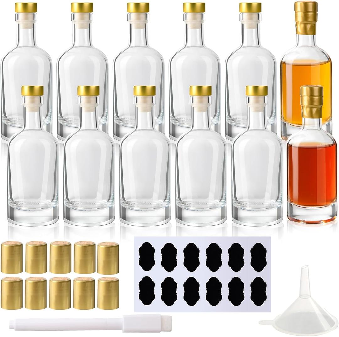 Glass Liquor Bottles with T-Top Caps and Heat Shrink Capsules, Empty Mini Bottles, Travel Shots Bottle, Alcohol, Whiskey, Beverages (3 oz 12 Pack)