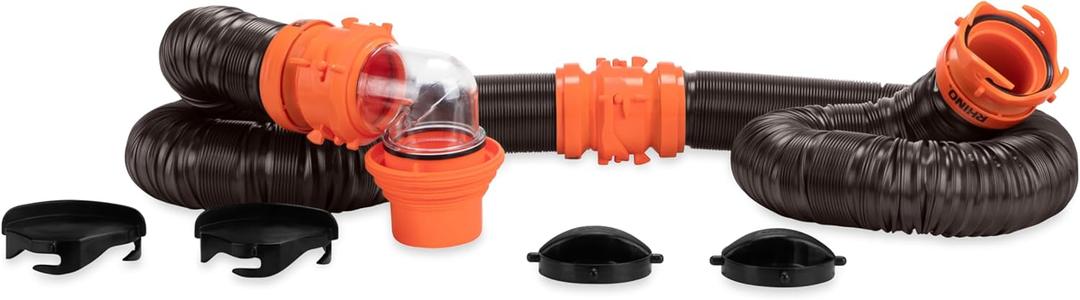 Camco RhinoFLEX 20-Ft Camper/RV Sewer Hose Kit - Features Clear Elbow Fitting w/Removable 4-in-1 Adapter - Connects to 3 Slip or 3/3.5/4 NPT Threaded Sewer Connection (39741)