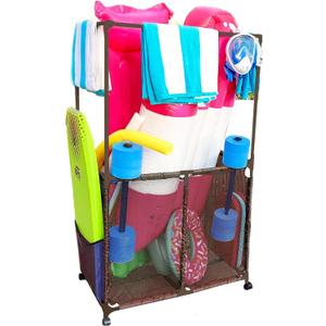 Essentially Yours Pool Equipment Holder with Towel Drying Bars, Mesh Rolling Pool Storage Organizer Bin, Extra Large with Towel Hanger, (34.5" W x 25" L x 62.6" H), Brown Style 418566