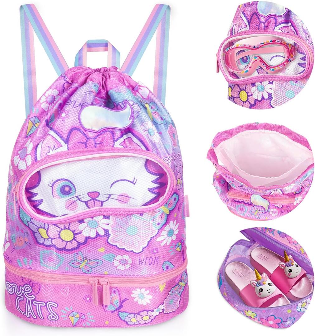 Drawstring Backpack for Kids Girls, Cute Cartoon Cat Waterproof Drawstring Bag String Swim Gym Sports Beach Bag with Shoes & Sunglasses Compartment and Wet Proof Pocket