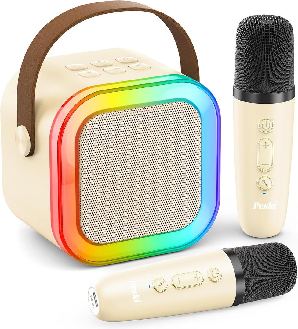 Peski Karaoke Player, Portable Bluetooth Mini Karaoke Microphone Singing Speaker with 2 Wireless Mic, for All Smartphones,Birthday, Family,Home Party(Beige.)