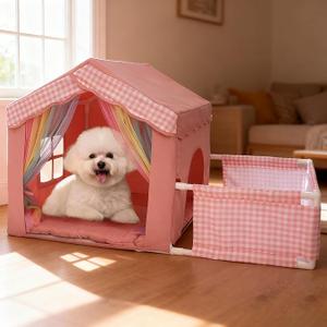 Cute Indoor Dog House for Small Dogs, INRLKIT Princess Dog House Indoor, Pink DogTent Bed with Playpen, Small Dog Canopy with Soft Cushion for Small Medium Pets