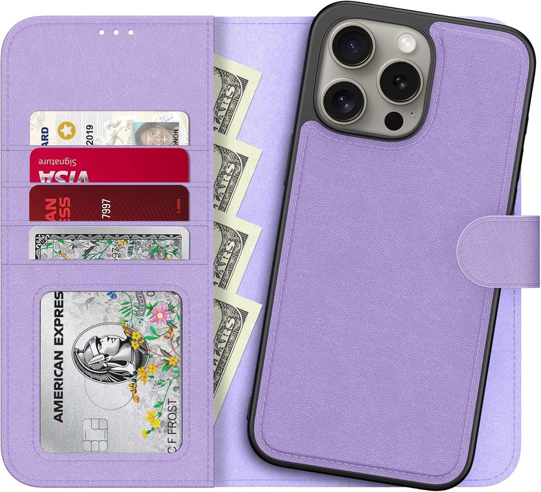 for iPhone 14 Pro Wallet Case,Detachable Flip Folio Cover RFID Blocking 4 Card Slots Holder Premium PU Leather Magnetic Kickstand Phone Case for iPhone 14 Pro 6.1" Purple Lavender
