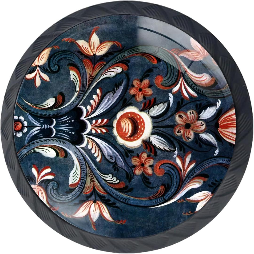 4 Pack Norwegian Rosemaling Folk Style Kitchen Cabinet Knobs Round Drawer Pulls Black Dresser Cupboard Door Handles (1.37"L x 1.1"W)