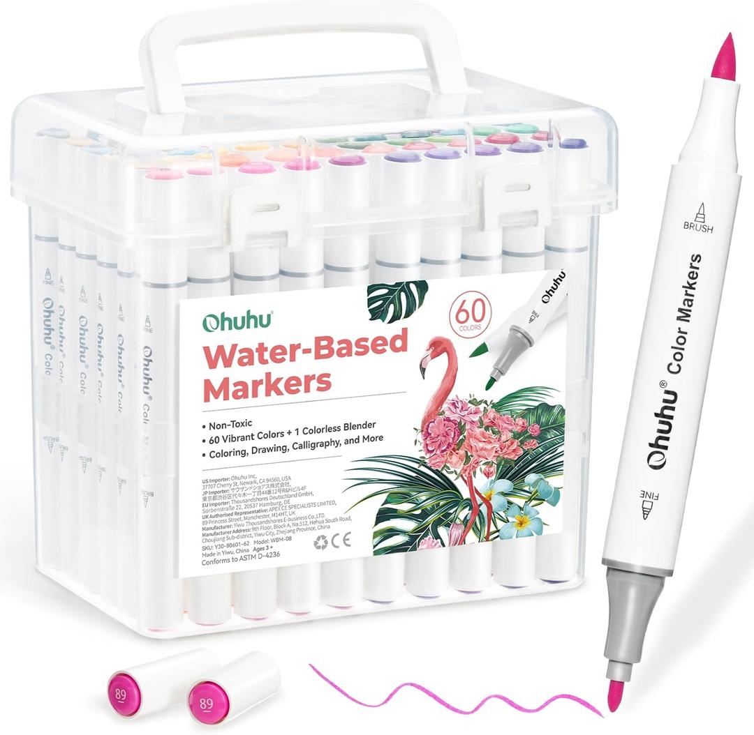 Ohuhu Markers for Adult Coloring Books No Bleeding 60 Colors Water-based Dual Tips Coloring Markers for Kids Adults Beginners Drawing Pens for Journaling Lettering (Brush & Fine)