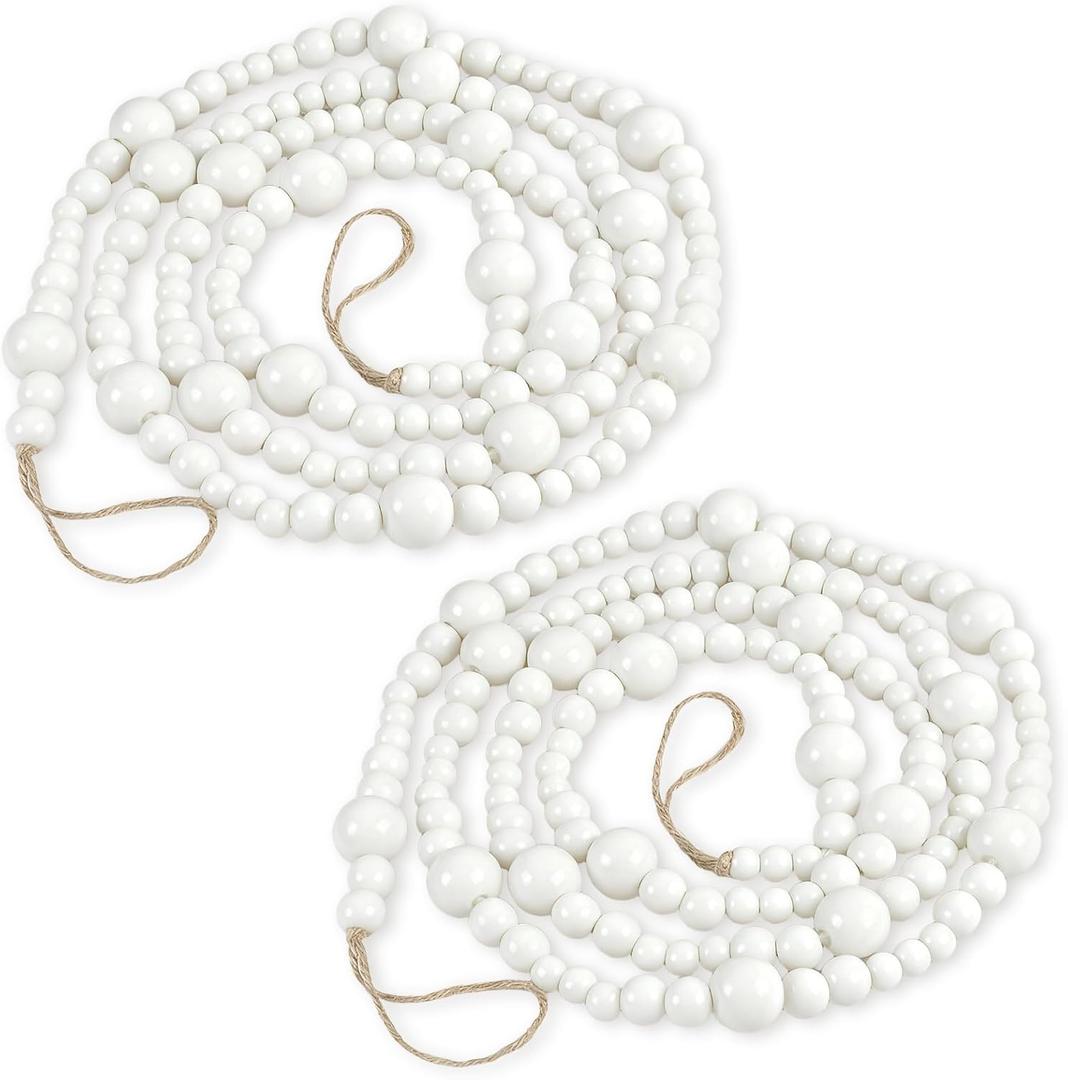 2PCS Christmas Wood Beads Garland 14.4 Feet Wooden Bead Garland Boho Ornaments for Christmas Tree, Xmas Vintage Rustic Farmhouse Round Craft Bead Hanging Holiday Decorations(White) (2pcs 7.2Ft)