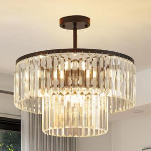 17.7" Black Semi Flush Mount 2-Tier Crystal Ceiling Light Fixtures for Dining Room Modern Luxury 8-Light Chandeliers Lighting for Bedroom Entryway Hallway Kitchen Island Living Room Foyer