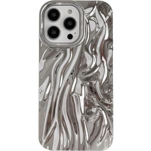 Caseative for iPhone 14 Pro Max Case,Pleated Water Ripple Chrome Wave Pattern Soft Phone Case (Silver)