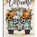 Artofy Welcome Fall Pumpkin Small Decorative Garden Flag, Autumn Thanksgiving Harvest Season Teal Truck Yard Lawn Outside Decor, Sunflower Leaves Burlap Outdoor Home Decoration Double Sided 12 x 18