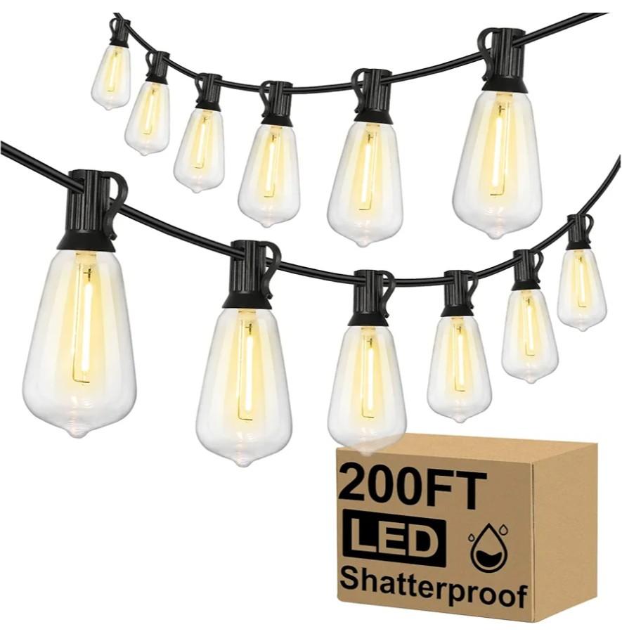 Brightever Outdoor String Lights 200FT Waterproof, Patio String Lights for Outside with 100+4 ST38 Shatterproof LED Filament Bulbs, Dimmable Hanging Lights for Christmas, Party, Cafe (2-Pack 100FT)