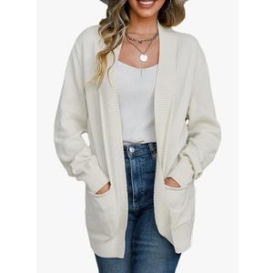 Womens 2024 Open Front Cardigan Fall Casual Long Sleeve Cable Knit Sweater Loose Solid Color Outerwear with Pocket Larg