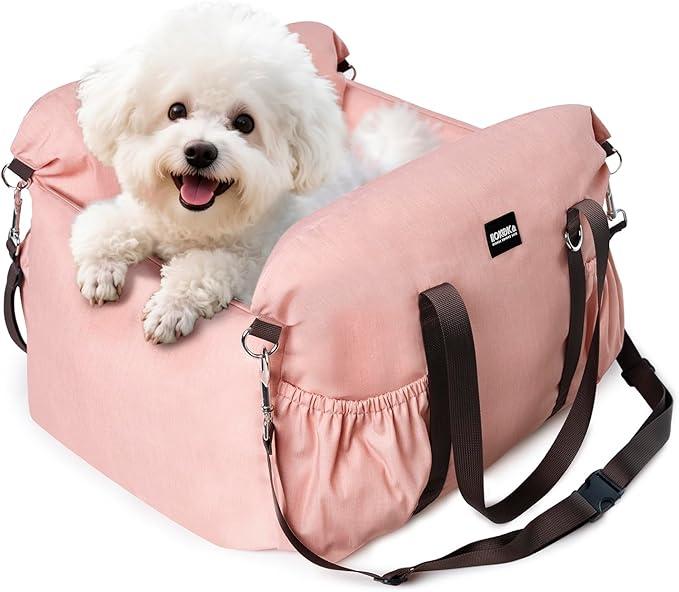 Dog Booster Car Seat for Small Dogs with Heavy Duty Safety Belt and Lock, Waterproof Detachable Dog Travel Bed for Car with Storage Pocket Up to 25lbs, Memory Foam Filling for Max Support