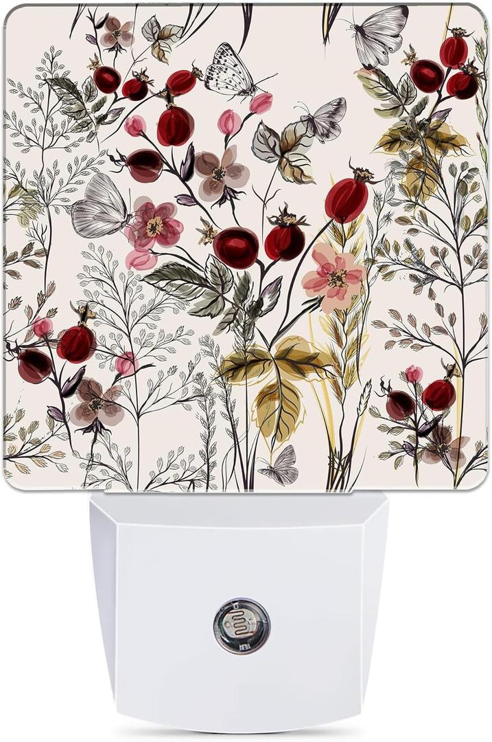 Vintage Flower Night Light, Butterfly Plug into Wall with Dusk to Dawn Light Sensors, Warm Nightlights for Bedroom, Bathroom, Hallway, Kitchen, Gifts Ideal for Girls Women