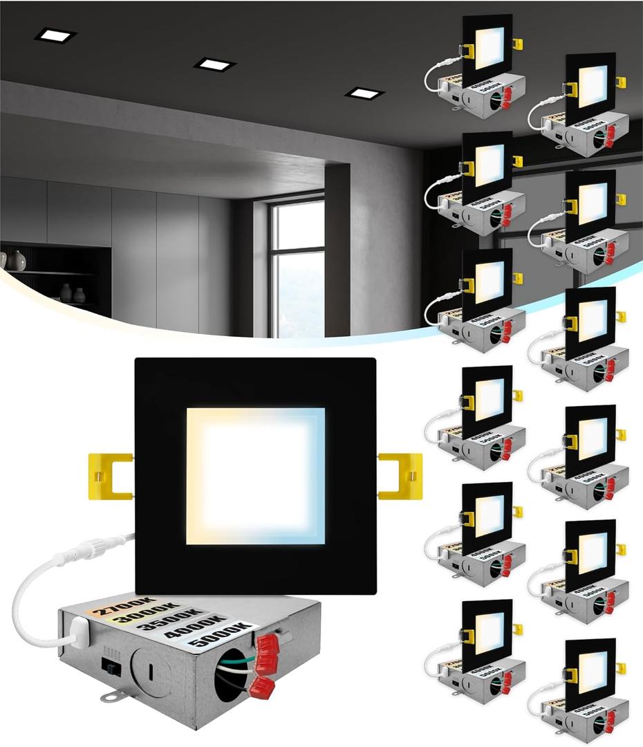 NUWATT 12 Pack 4 Inch Square Ultra-Thin LED Recessed Lighting, Selectable 2700K/3000K/3500K/4000K/5000K, 630 Lumens Dimmable, IC Rated, Black Slim Panel Light, Canless Wafer Lights, Metal J-Box