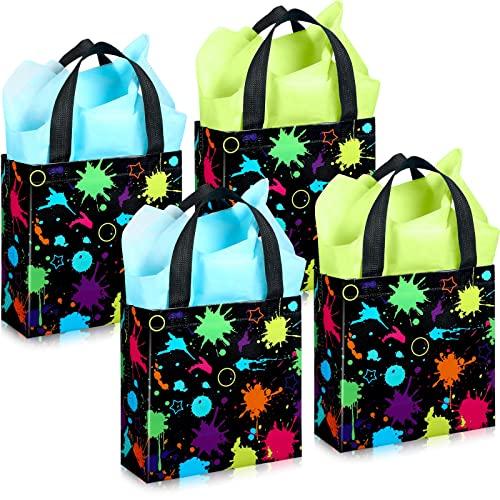 Sanwuta 24 Pieces Glow Neon Favor Bags with Tissue Paper Glow in The Dark Party Supplies No Woven Neon Birthday Gift Goody Candy Bags for Glowing Party Decoration(7.9x3.2x7.9 Inch)