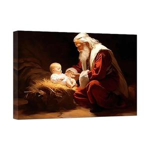 DOARTDO Nativity Canvas Print Wall Art Santa Claus and Baby Jesus Pictures Christmas Poster Wall Decor Christ Prints (16.00" x 24.00", Santa)