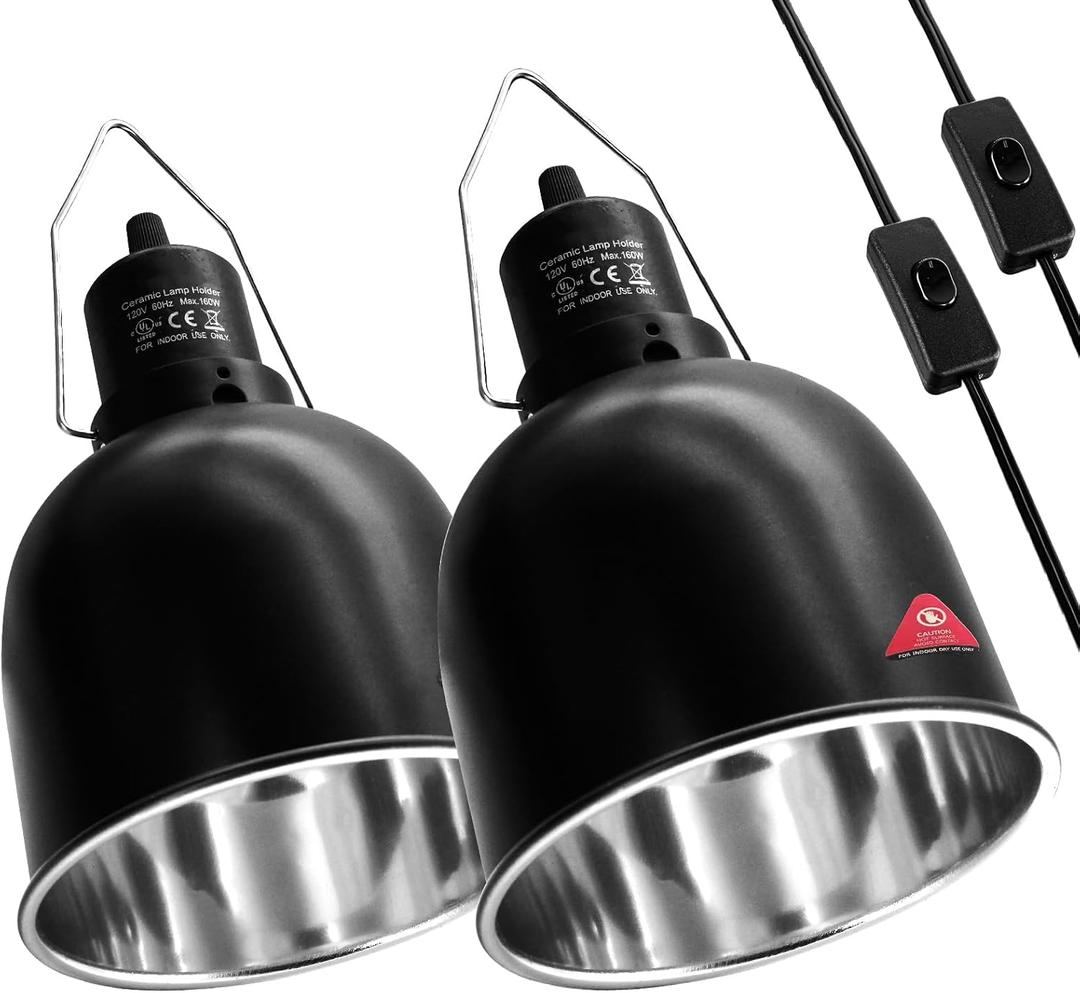 MECESOR Reptile Light Fixture, 2 Packs 5.5 Inch Deep Dome Lampshade, Reptile Heat Lamp Fixture with Separate Switches Fit for UVB Bulb Basking Heat Bulb for Reptile Glass Terrariums