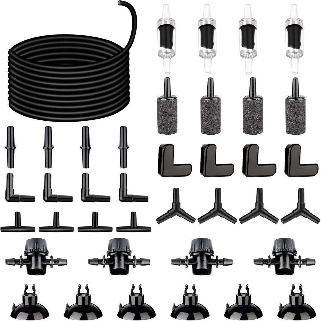 26.6 Feet Black Aquarium Soft Airline Tubing Hose Standard with 4 Air Stones,4 air Value Controller,4 Check Valves, 6 Suction Cups and 16 in Total for I,L,T,Y Shape Connectors