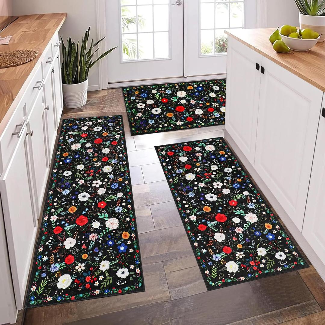 Floral Kitchen Rug Sets 3 Piece, Washable Kitchen Mats for Floor Non Slip Soft Thick Kitchen Floor Mat Carpet Runner Rugs for Hallway Laundry Room, Black