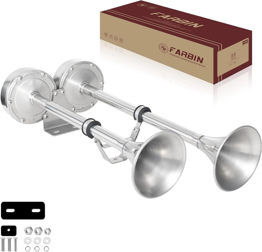 FARBIN Boat Horn 12V Waterproof Stainless Steel Trumpet Marine Horn,Electric Boat Horn for Boats Ship Sailboat Yacht Off-Road Vehicle Truck SUV RV Vans Touring Car (Stainless steel Double Tube)