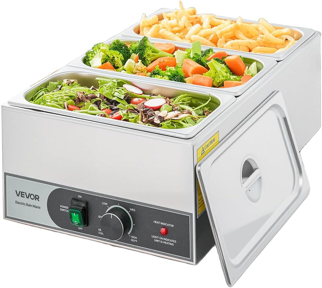 VEVOR Commercial Food Warmer, 1200W Electric Stainless Steel Steam Food Warmer, Fast Heating Countertop Buffet Bain Marie with Three 1/3 Size Food Pans, for Catering, Restaurants, Parties & Buffets