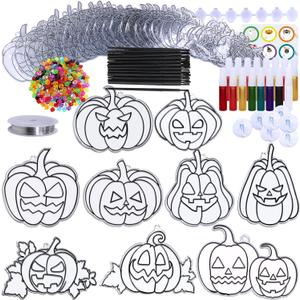 Winlyn 27 Sets Halloween Pumpkin Suncatchers Ornaments Decorations DIY Window Paint Art Suncatchers Craft Kits Jack-O'-Lantern Sun Catchers for Kids Classroom Activities Fall Halloween Art Project