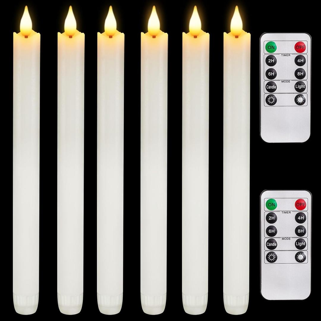 Homemory 6 Pcs Wax Flameless Taper Candles with Remote Timer and Dimmer, White Candle Sticks Battery Operated, LED Window Candles with Flickering Light, 9.6 Inches for Wedding Home Indoor Decoration
