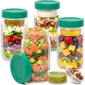 4 Pack Glass Salad Jars with Lids for Meal Prep, Leakproof Container with Two Small Built in Cups for Wet/Dry Separation for Salad Dressing and Ingredients, 32oz Mason Jars (Dark Green)