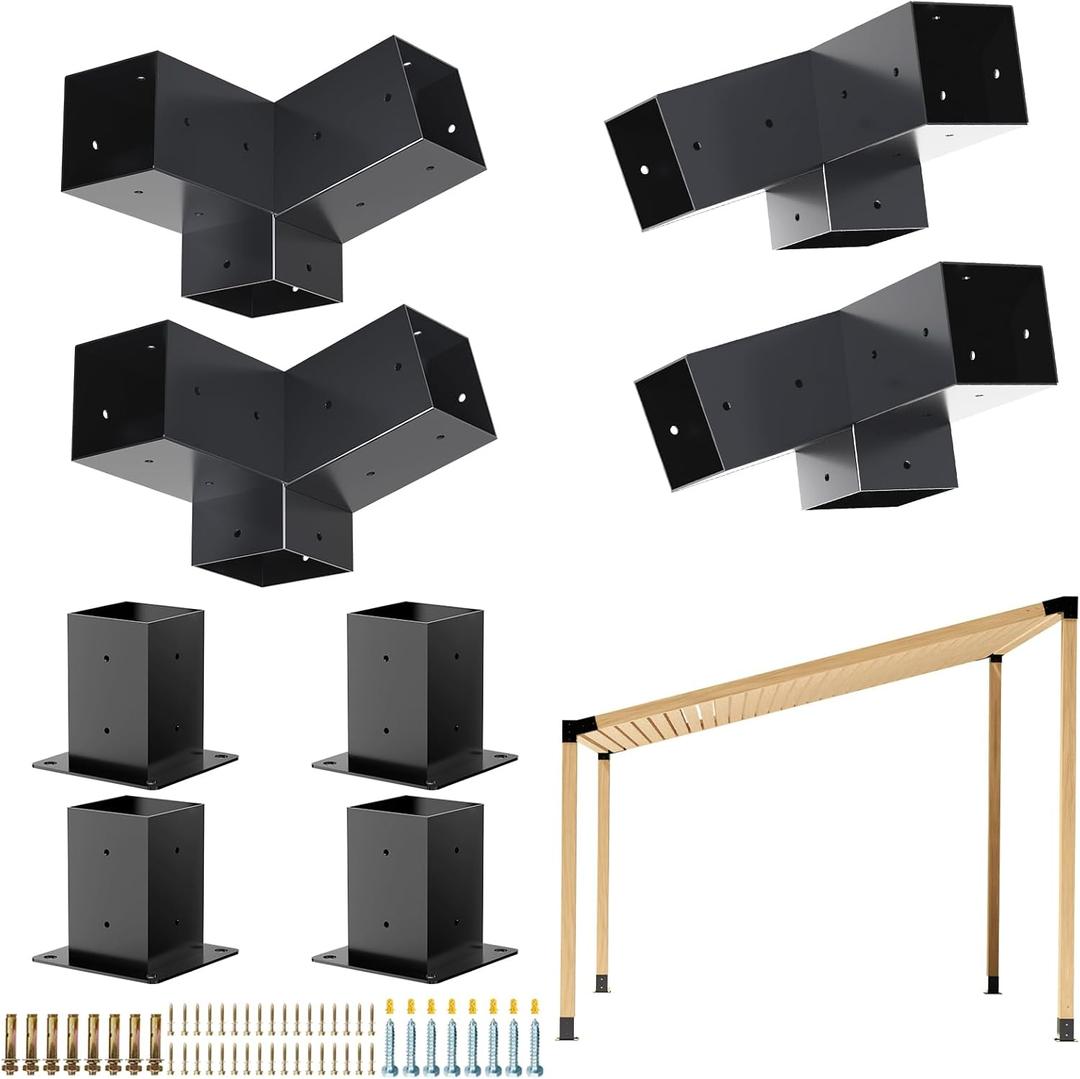 Pergola Kit, Slanted Roof Pergola Bracket, 3-Way Brackets with Post Base Kit, Log Cabin Outdoor 4"x 4" (Actual 3.5" X 3.5") Lumber