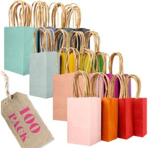 Qiqee 100Pcs Mini Size Paper Gift Bags with Handles - 4.5"2.5"6" Kraft Small Party Bags - 16 Solid Colors