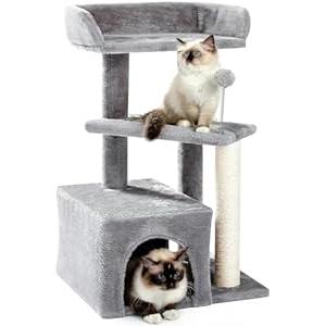 Made4Pets Cat Tree, Carpet Cat Tower Grey for Indoors Cats, Cute Wood Kitty Condo with Scratching Post and Pad, 29" Multi-Level Modern Activity Climbing Furniture for Small and Medium Cats
