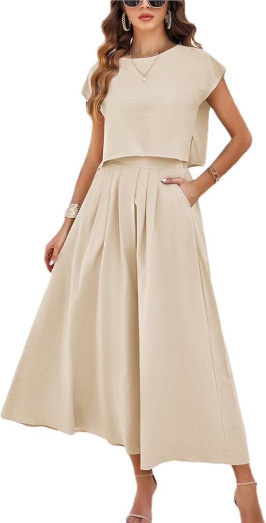 HangNiFang Summer Skirt Sets Women 2 Piece Outfits Cap Sleeve Top Elastic Waist Maxi Dress Sets with Pockets (Blue, L)