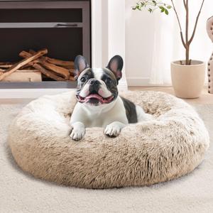 JOLLYVOGUE Calming Dog & Cat Bed for Small Dogs, Anti-Anxiety Donut Cuddler Cozy Soft Round Bed with Anti-Slip Bottom, Fluffy Faux Fur Plush Cushion Beds for Small Medium Dogs (27") (cream brown)