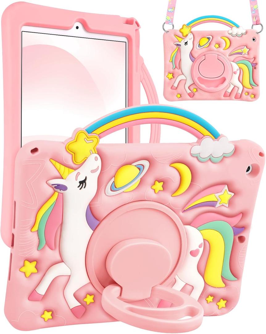 Boaretiu for iPad 9th/8th/7th Generation Case 10.2 Inch 2021/2020/2019 - Cute Cartoon Unicorn Soft 3D Silicone Case with Strap & Rotating Stand for Girls Teens Tablet Cover for iPad 9/8/7