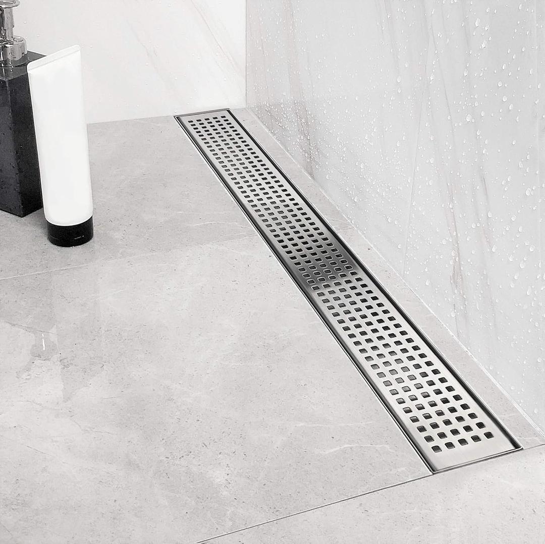 Neodrain 60-Inch Linear Shower Drain with Quadrato Pattern Grate, Professional Brushed 304 Stainless Steel Rectangle Shower Floor Drain Manufacturer, Linear Drain with Leveling Feet,Hair Strainer